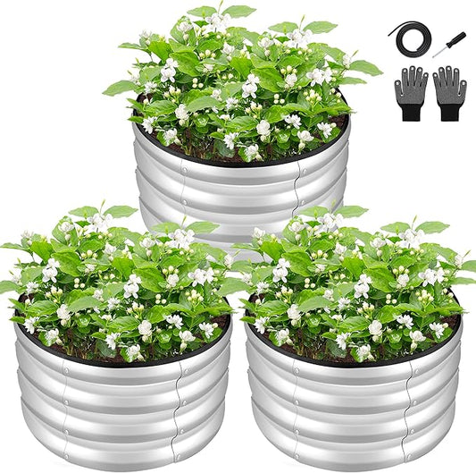ZXZYHFTY Round Galvanized Raised Garden Bed kit,Silver Outdoor Garden Raised Planter Box, Round Large Metal Raised Garden Beds for Vegetable 2 * 2 * 1ft 3 Pcs