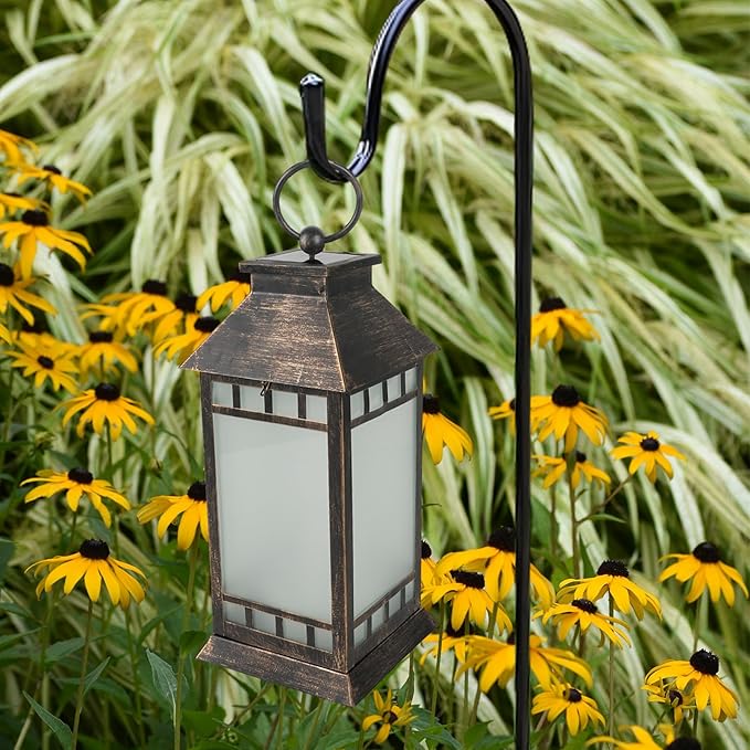 18'' Glass Solar Lantern Outdoor Waterproof, Large Hanging Solar Lanterns with Flickering Flame Lights, Metal Outdoor Lantern Decorative for Patio Garden Backyard Tabletop, Vintage Bronze