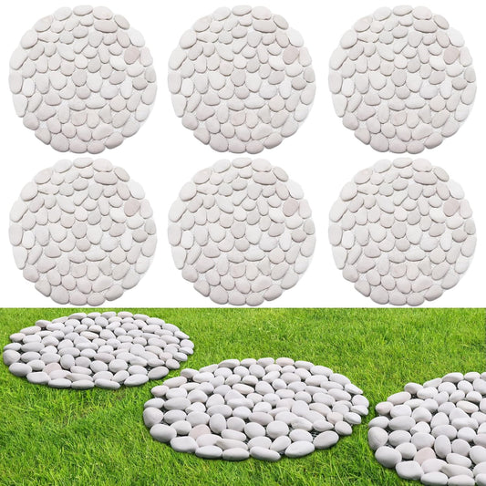 10in River Rock Stepping Stones Set - 6 Pack | Polished Pebble | Long-Lasting PVC Mesh Backing | Perfect for Garden Paths and Lawns Outdoor Landscaping Decoration | White Circle