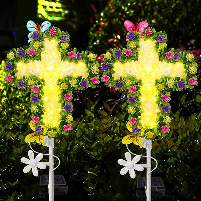 YJFWAL 1 Pack Solar Flowers Cross Garden Stake Lights, Yard Solar Lights Cemetery Decorations For Grave Outdoor Light Jesus Cross Sympathy Memorial Gift For Grandma, Garden Lawn Patio Pathway Deco