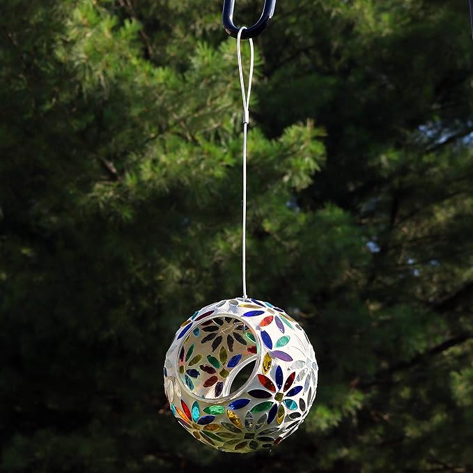 Sunnydaze 6-Inch Glass Mosaic Hanging Bird Feeder for Outdoors - Fly-Through Wild Bird Feeder - Rainbow Daisies