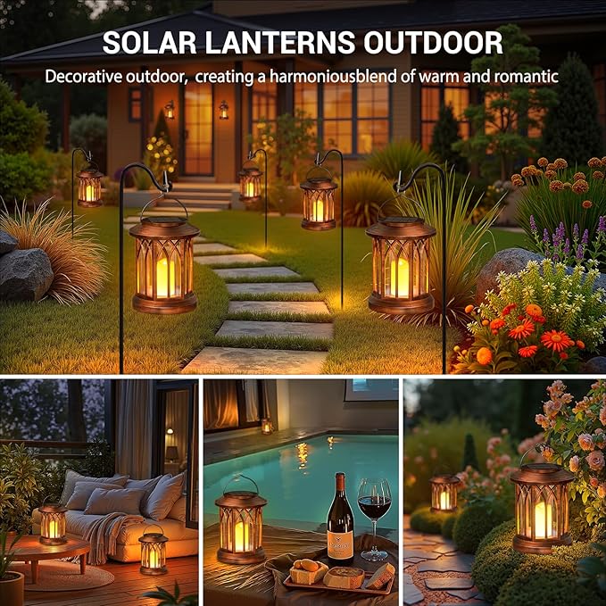 KOOPER 4 Pack Solar Lantern Outdoor Lights, Hanging Solar Lanterns Outdoor Decorative, Lanterns LED Flickering Flameless Candle Mission Lights for Yard Table Garden Decor