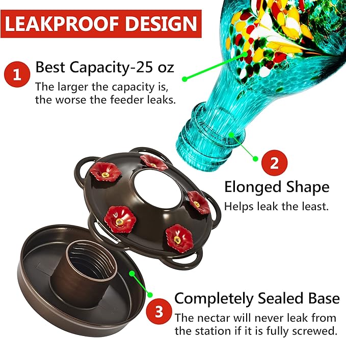 LUJII Hummingbird Feeder for Outdoors, Hand Blown Glass Humming Bird Feeder, Anti Fade Leakproof with 25 Ounces Nectar Capacity, Easy to Install Clean Refill, Include Hook & Ant Moat (Teal)