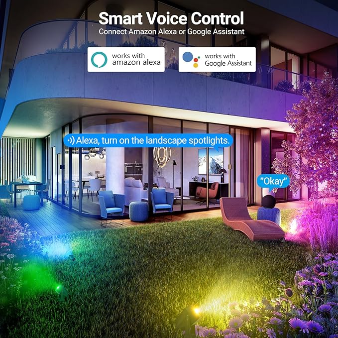 ropelux Low Voltage Landscape Lighting, RGBW Spot Lights Outdoor with App/Vioce Control, IP65 Waterproof, Color Changing, 51ft Led Outdoor Spotlight for Yard Garden Patio Halloween-5 Pack