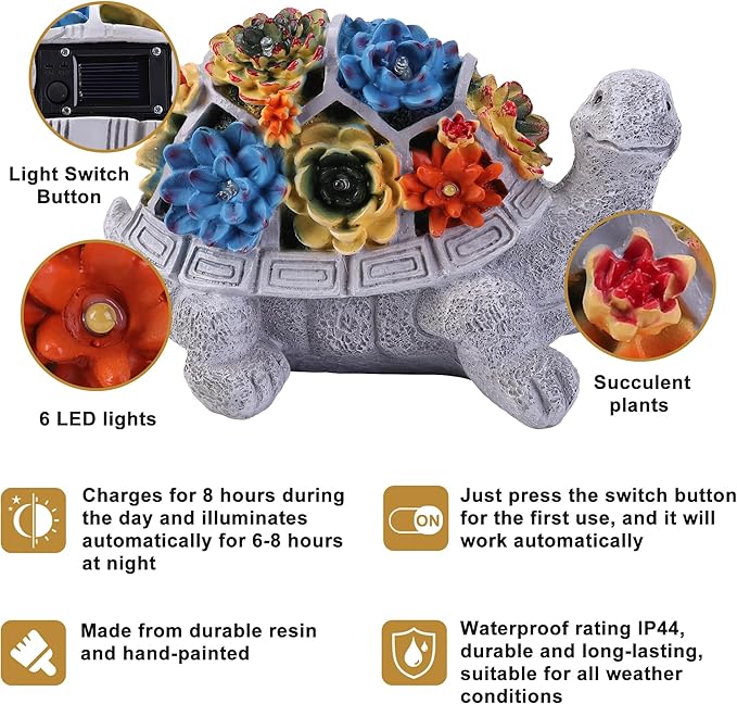 Solar Garden Statues Turtle with Succulent and 6 LED Lights, 9.1" L x 5.7" W x 6.7" H Outdoor Solar Decor, Turtle Garden Figurines for Lawn, Balcony, Yard Decoration, Gifts for Mom Wife