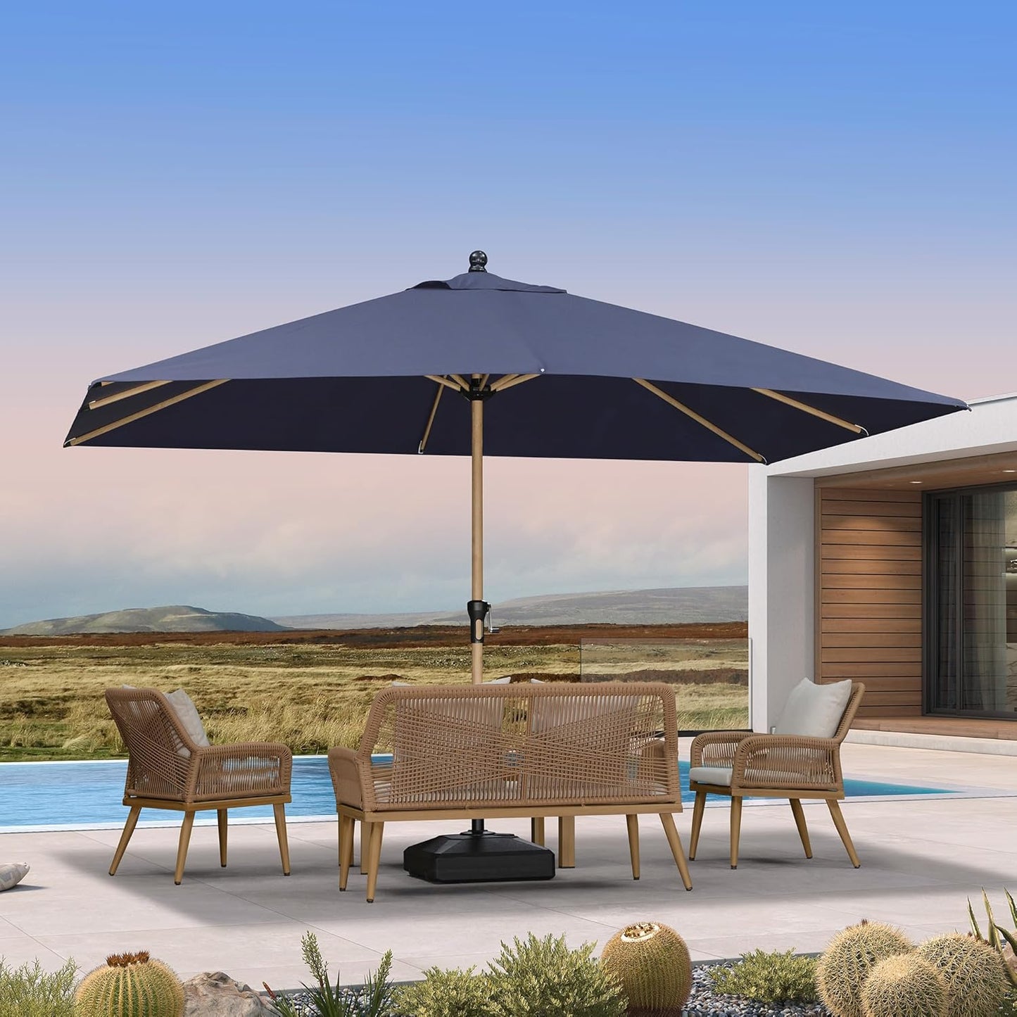 PURPLE LEAF 9' x 11.5' Patio Umbrella Outdoor Table Umbrella Rectangular Aluminum Market Umbrella with 8 Sturdy Ribs & Crank Outdoor Umbrellas for Garden Deck Patio, Navy Blue