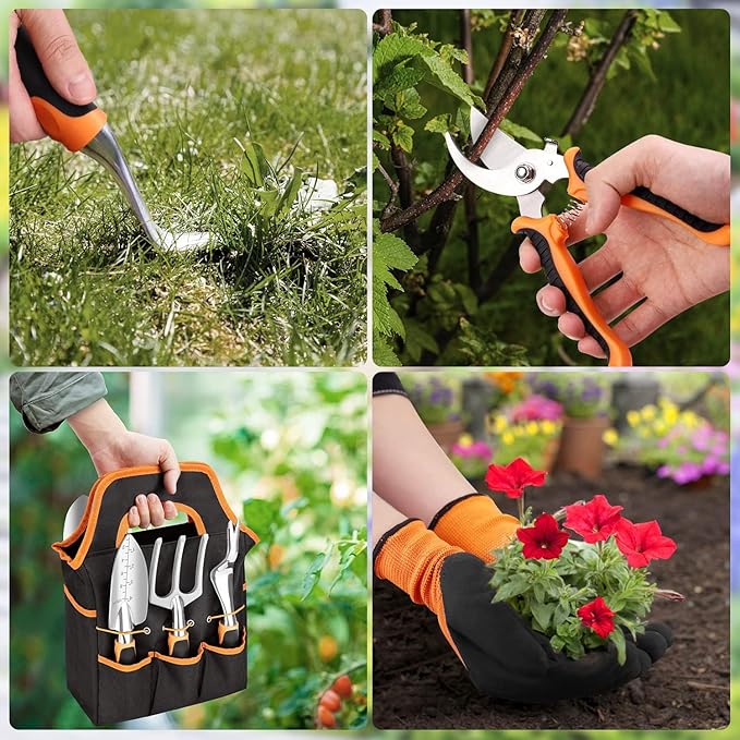 sungwoo Garden Tool Set 8 Piece, Heavy Duty and Lightweight Aluminium Alloy Tools with Non-Slip Ergonomic Handle, Storage Tote Bag, Gardening Hand Tools, for Women and Men Orange