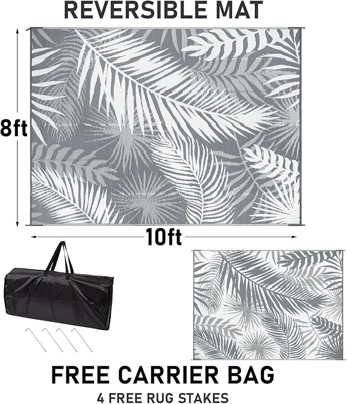 Outdoor Rug 10'x8' Waterproof for Patios Clearance, Reversible Outdoor Plastic Straw Rug Camping Carpet, Outside Floor Mats Large Area Rugs for RV,Patio,Deck,Porch,Beach,Balcony,Grey&White