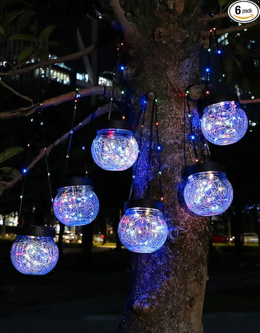 PARTPHONER Solar Lantern Solar Lights Outdoor Waterproof 6-Pack, Solar Powered Hanging Lights Cracked Glass Hanging Globes for Christmas Decoration, Shepherd Hook, Garden Tree Ornaments, Multi-Color