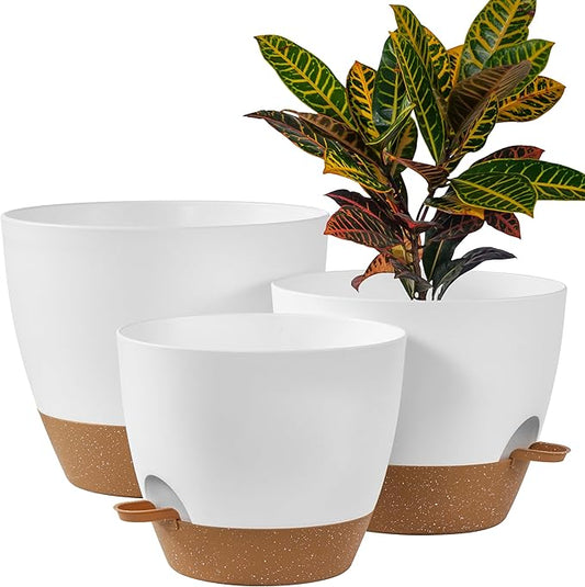 FaithLand 3-Pack Large Planter Pots, 12 10 9 Inch Self Watering Flower Pots for Indoor Outdoor Garden Plants, White with Brown