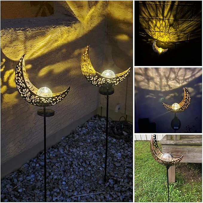 SunKite 2 Pack Garden Solar Light Outdoor Metal Moon Shape Lamp with Waterproof Crackle Glass Globe for Garden,Lawn,Patio,Pathway or Courtyard