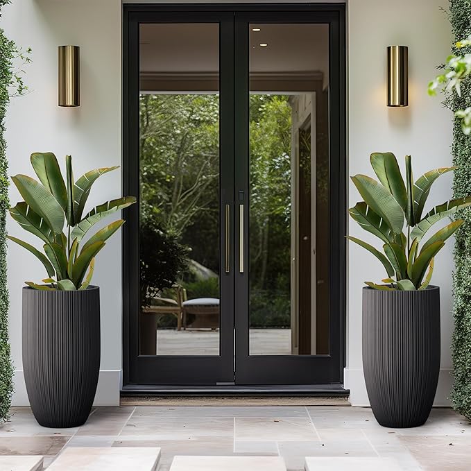 Kante 24 Inch Tall Round Concrete Planter, Large Indoor Outdoor Plant Pots with Drainage Hole and Rubber Plug, Modern Decorative Garden Pots for Home Patio Porch, Textured Black