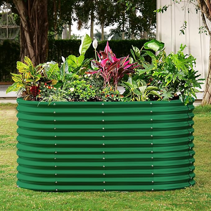 Land Guard 6x3x3ft Oval Galvanized Raised Garden Beds, Large-Capacity Metal Planter Box Outdoor, Durable Deep Raised Garden Bed 3ft Tall, Raised Beds for Gardening Vegetables, Forest Green