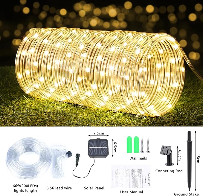 Solar Rope Lights, 2 Packs 66ft 200LED Solar String Lights, 8 Modes Waterproof Solar Powered Outdoor Lights, Flexible Clear Tube Light for Garden, Backyard, Patio, Deck, Pool,Tree Decor - Warm White