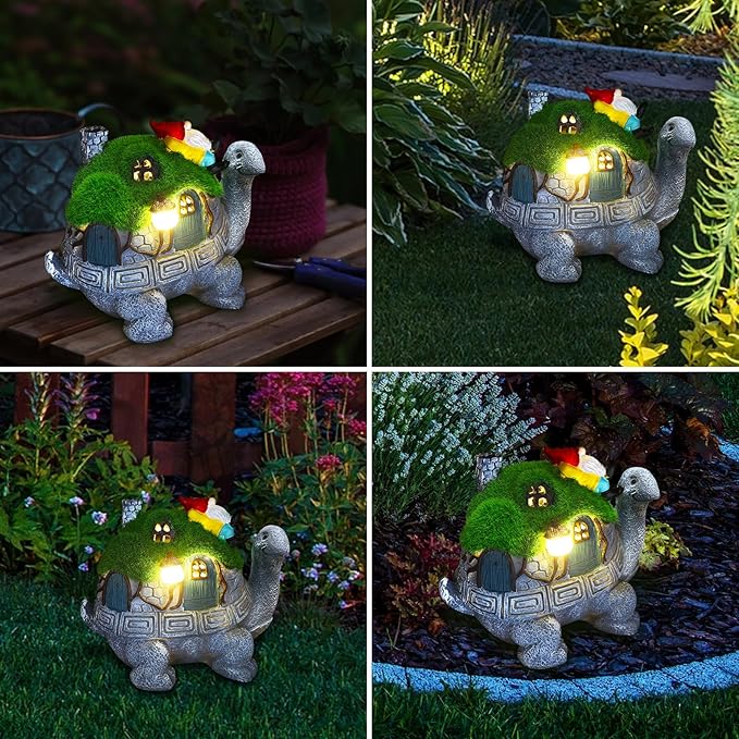 Turtle Solar Light Outdoor Garden Solar Turtle House Light Cute Turtle Garden Statue for Outdoor, Lawn Turtle with Gnome Statues Solar Light, Unique Gifts for Kindred Friend Yard Patio Decor