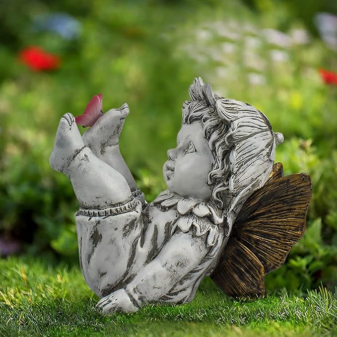 Garden Fairy Outdoor Solar Decor,Fairy Garden,Garden Sculpture,Resin Ornaments for Patio Lawn Yard Porch,Playful Garden Flower Fairy Statues for Outside Angel Gifts,7.91 Inches Tall