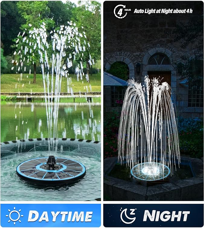 Solar Fountain Glass Panel with 2200 mah Battery, 3.5W Floating Solar Water Fountain with 4 Fixed Rods, Solar Fountain Pump for Bird Bath, Garden, Pond, Pool, Outdoor-White Lights