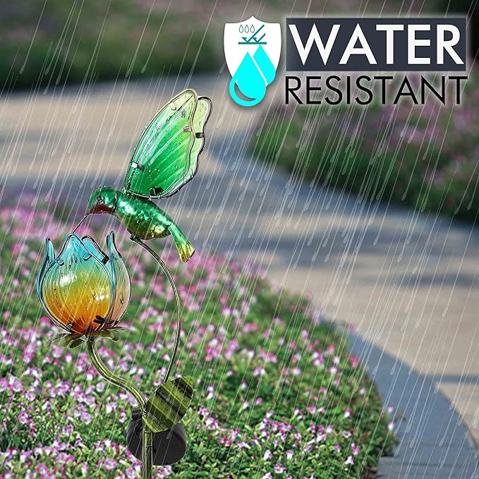 TERESA'S COLLECTIONS Glass Flower Bird Pathway Solar Outdoor Light for Garden Decor, 41'' Tulip and Hummingbird Metal Decorative Stakes Yard Art for Lawn Patio Porch Decorations, Gifts for Mom