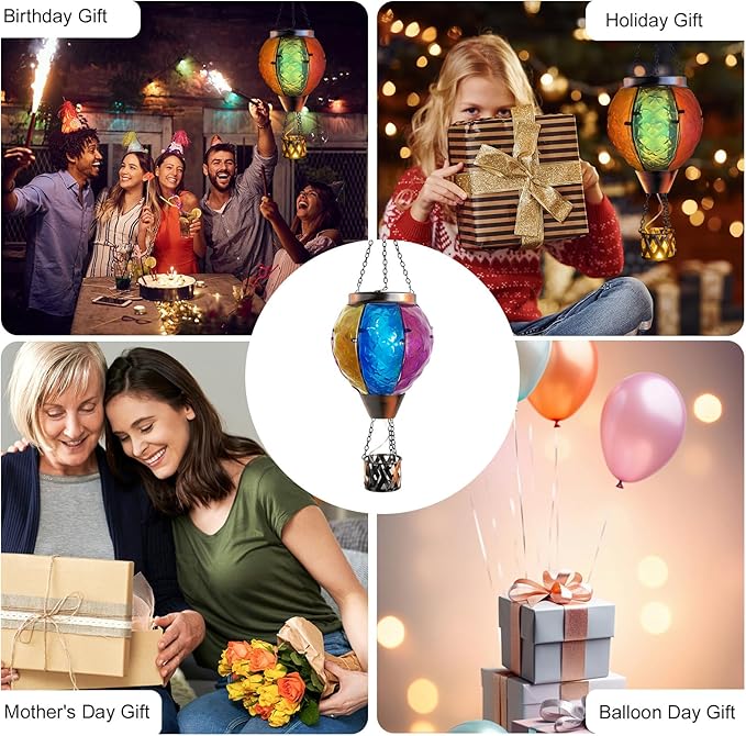 Solar Hot Air Balloon Lantern with Flickering Flame, Hanging Solar Lantern Garden Lights Glass Outdoor Waterproof Candle LED Lights for Garden/Yard/Patio Decor Mother's Day Gifts (Colorful)