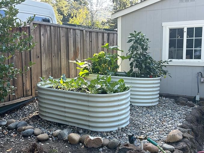A ANLEOLIFE 8X4X2 ft Galvanized Raised Garden Beds Outdoor, Oval Large Metal Deep Root Planter Box for Planting Vegetables Flowers Herb, Anti-Rust & Easy-Setup, Antique White