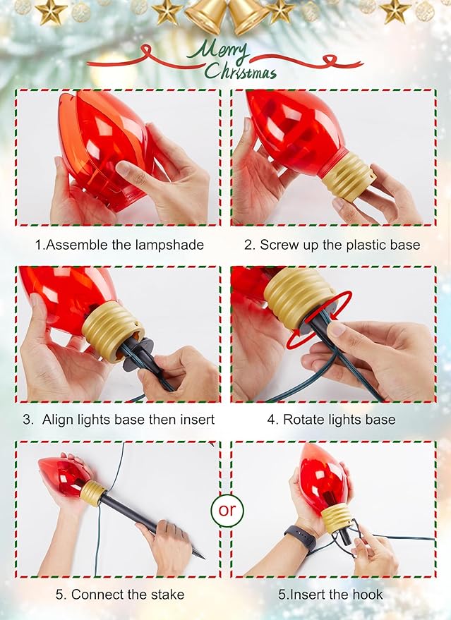 Jumbo C9 Christmas Pathway Lights Outdoor - 2 Pack Total 17 Feet 10 LED C9 Walkway Lights, Multicolor Jumbo Lights Christmas Bulb Lights Outdoor Decorations for Lawn Holiday Outside Yard Garden