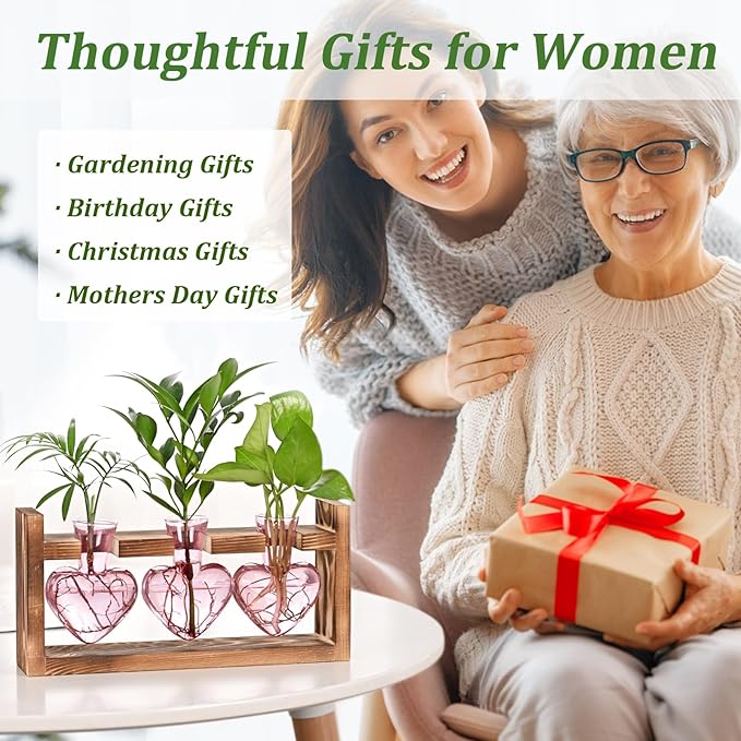 Lifecapido Heart Shaped Propagation Stations, Plant Terrarium with Wooden Stand, Plant Propagation Station for Hydroponics Plants Office Garden Home Decor, Gifts for Women Plant Lover (3 Vases, Pink)