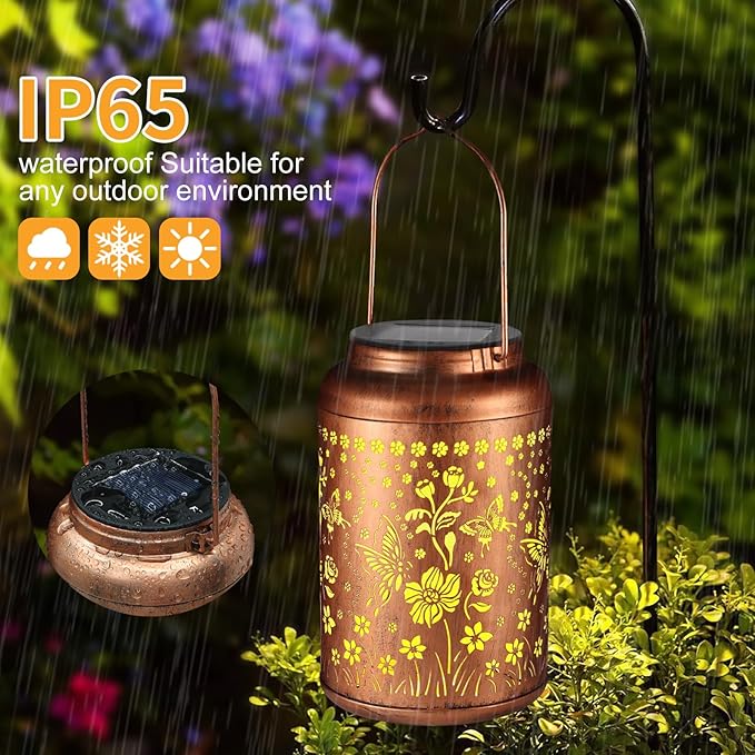 Solar Lantern Outdoor Hanging Lights Christmas Birthday Gifts for Women Mom and Grandma Butterfly Flower Metal Garden Decor Outside Waterproof LED Solar Lanterns for Patio, Yard, Pathway,Landscape