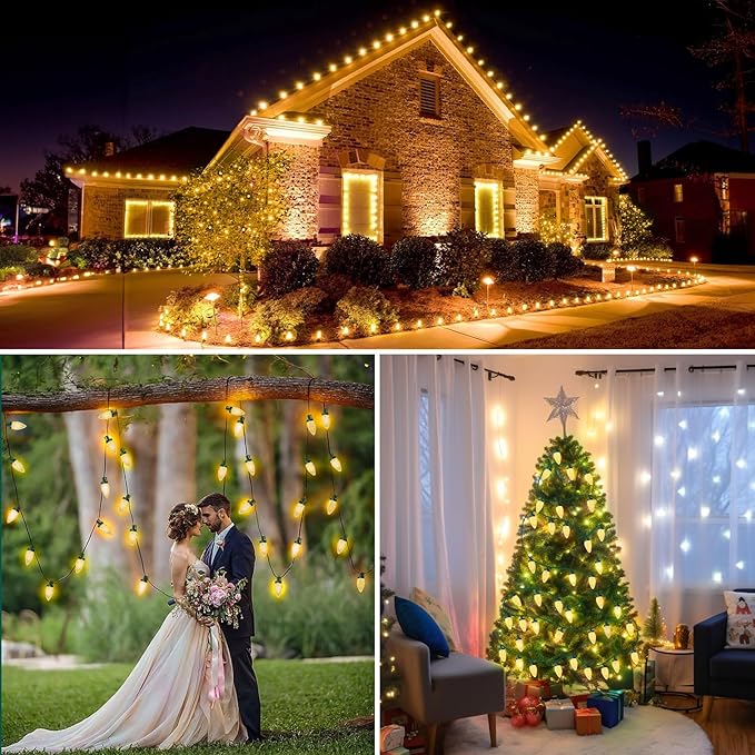 C9 LED Christmas Lights, 34FT 50 Bulbs Outdoor Christmas Decorations for House Waterproof String Lights Extendable Green Wire Fairy Lights for Patio Xmas Garden Party Wedding Holiday Indoor Warm White