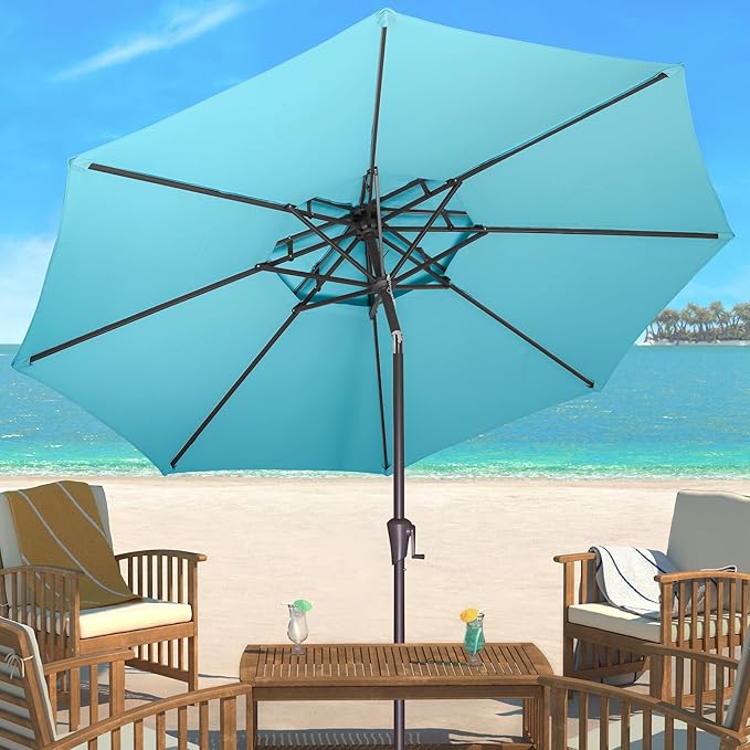 9ft Outdoor Patio Umbrella - 2 Tiers Table Umbrella Waterprool UV Protection, Sombrillas de Patio with Push Button Tilt&Crank, Sun Umbrella for Pool, Porch, Garden, Backyard(Sky Blue)