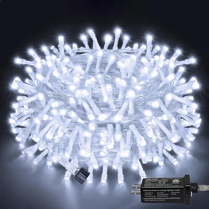 Ollny Outdoor String Lights 200LED 60FT, Cool White Connectable Plug in Fairy Light, 8 Modes Waterproof Timer Christmas Lights for Indoor Outside Bedroom House Party Wedding