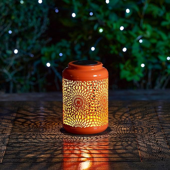 Glitzhome Solar Lantern Orange Metal Cutout Scrollwork Outdoor Hanging Solar Light with Handle for Garden Patio Yard Outdoor Decor