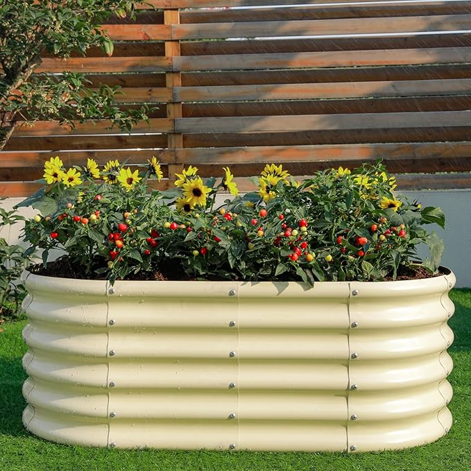 Land Guard 18“ Tall Outdoor Metal Raised Garden Bed, Oval Deep Root Planter Box for Vegetables, Flowers, Herbs, 89 Gallon Capacity - Cream Yellow