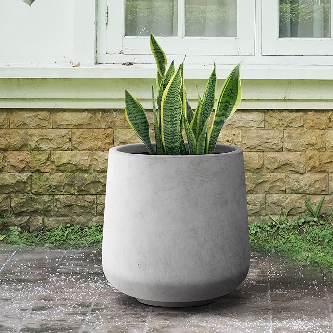 Kante 15.3" Dia Round Concrete Planter, Outdoor Indoor Large Plant Pots Containers with Drainage Hole and Rubber Plug for Home Garden Patio, Natural Concrete
