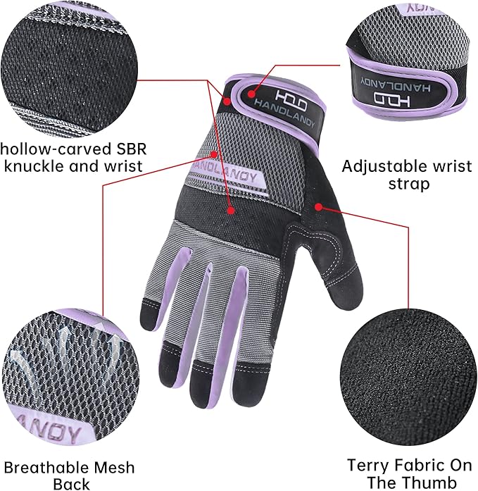 HANDLANDY Women Safety Work Gloves Utility Touch Screen Working Grip Glove for Yardwork Gardening Breathable Mechanic Gloves