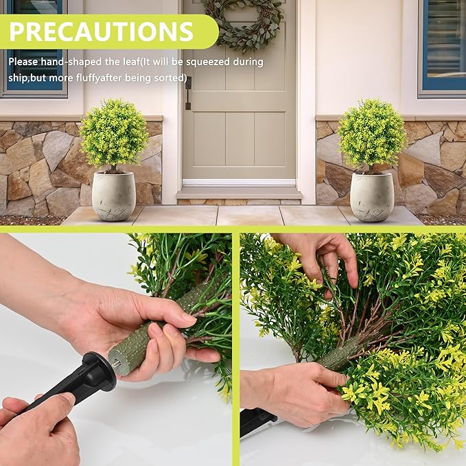 28" Artificial Boxwood Topiary Tree Yellow– UV Resistant Outdoor Faux Topiary Plant, Realistic Fake Topiary Bush for Porch, Patio, Front Door, Fake Evergreen Tree Home Decor