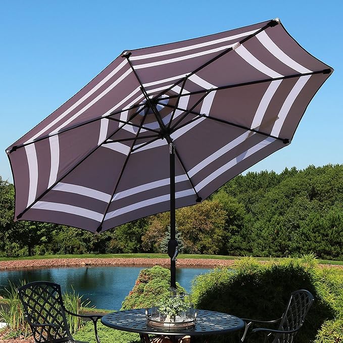 Sunnydaze Outdoor Patio Umbrella - Polyester Table Market Umbrella with Push-Button Tilt and Crank - 8 Sturdy Ribs - Navy Blue Stripe - 9ft