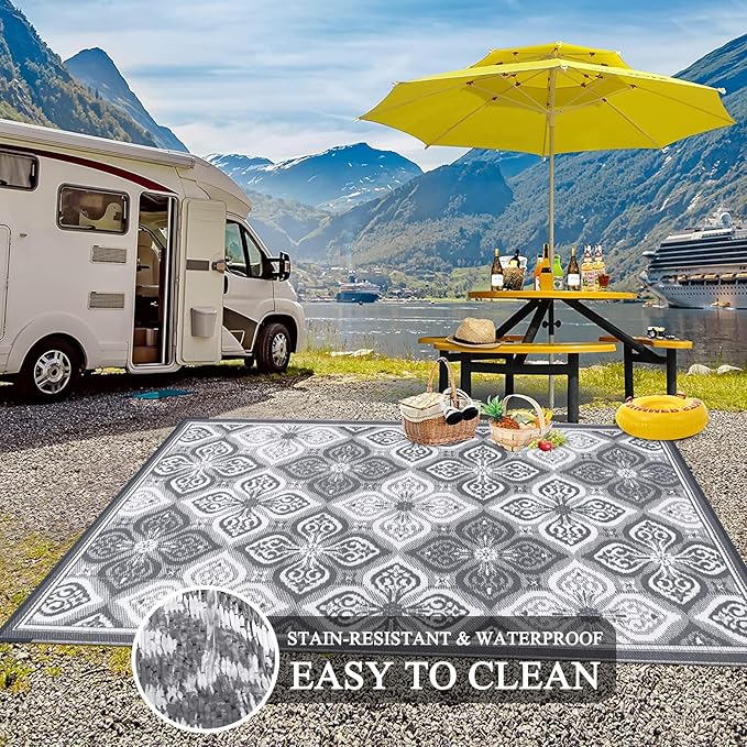 Pauwer Reversible Outdoor Rug, 6'x9', Waterproof, Polypropylene, Clover Grey, Area Rug for Patio, RV, Camping, Picnic, Backyard, Deck, Balcony, Porch