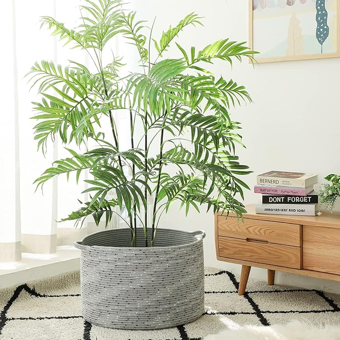 KAKAMAY Large Blanket Basket (20"x13"),Woven Baskets for storage Baby Laundry Hamper, Cotton Rope Blanket Basket for Living Room, Laundry, Nursery, Pillows, Grey with Blue & Brown Dotted