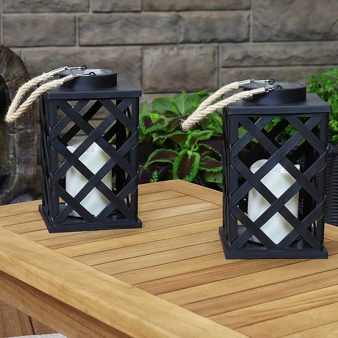 Sunnydaze Modern Crosshatch 9-Inch Solar LED Decorative Candle Lantern - Tabletop/Hanging Light - Set of 2 - Black