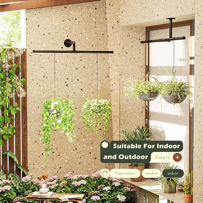 T-Shape Hanging Planters for Indoor Plants Plant Hanger Indoor Window Plant Shelves Hanging Plant Holder Black Metal Rod Ceiling Wall Mount(Pot & Plant Not Included)