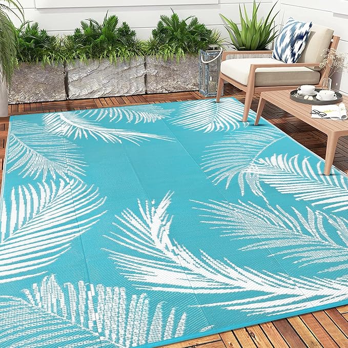 Pauwer Waterproof Outdoor Rug 10x14, Reversible Plastic Straw Patio Camping Rug, Indoor Outdoor RV Mat Carpet for Deck, Camper, Porch, Balcony, Backyard, Picnic, Leaf Teal
