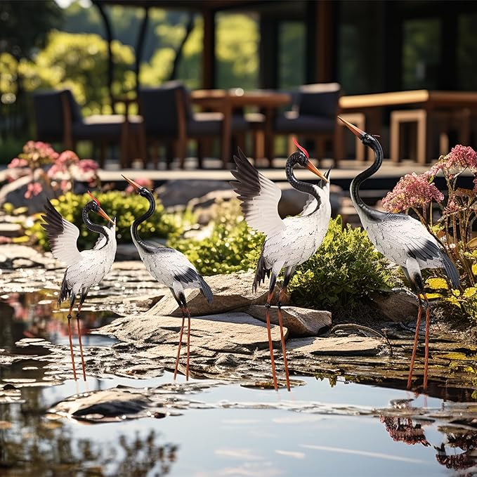 TERESA'S COLLECTIONS Yard Decorations Outdoor Garden Statues, White Metal Crane Yard Art, 25-26inch Lawn Ornaments for Backyard, Outside Porch, Patio, Wedding Decor,Set of 2,Spring Decor,Gifts for Mom