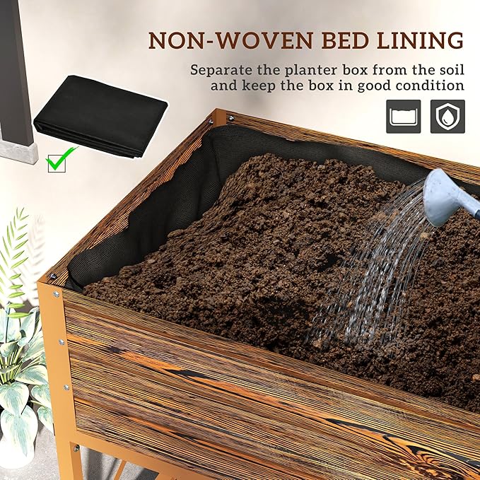 Outsunny Raised Garden Bed with Galvanized Steel Frame, Storage Shelf and Bed Liner, Elevated Planter Box with Legs for Vegetables, Flowers, Herbs, Dark Brown