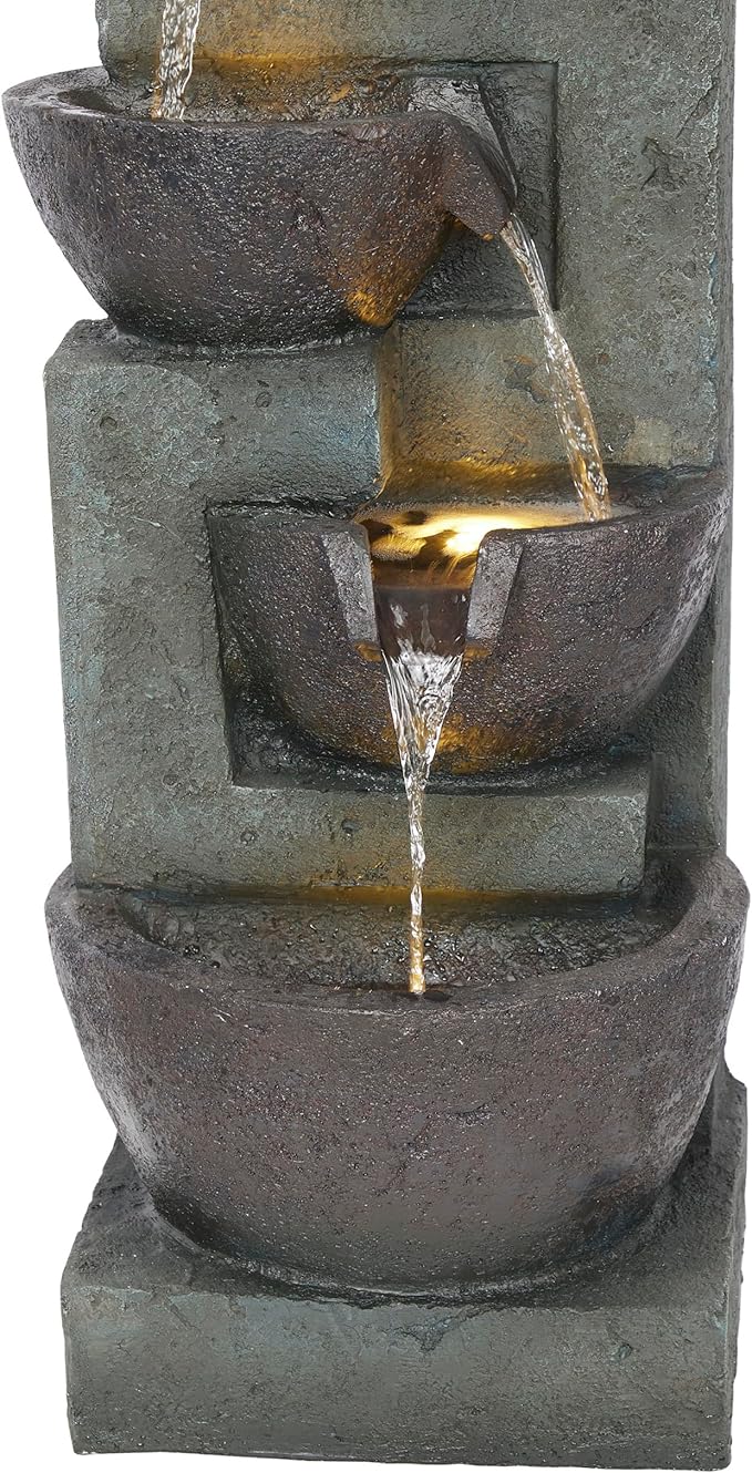 Alpine Corporation TZL390 Elegant Outdoor 5 Tier Bowls Waterfall Fountain with LED Lights for Garden, Patio, Yard, and Outdoor Spaces, Relaxing Cascading Fountain, 39" H, Gray