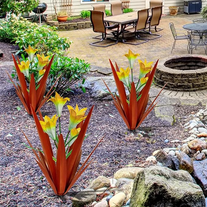 Homight Metal Agave Plant Outdoor Decoration Outdoor Garden Decoration Lily Mexican Yard Art Plant Garden Agave Lily Decorative Garden Gift… (2 Big Yellow Lilies)