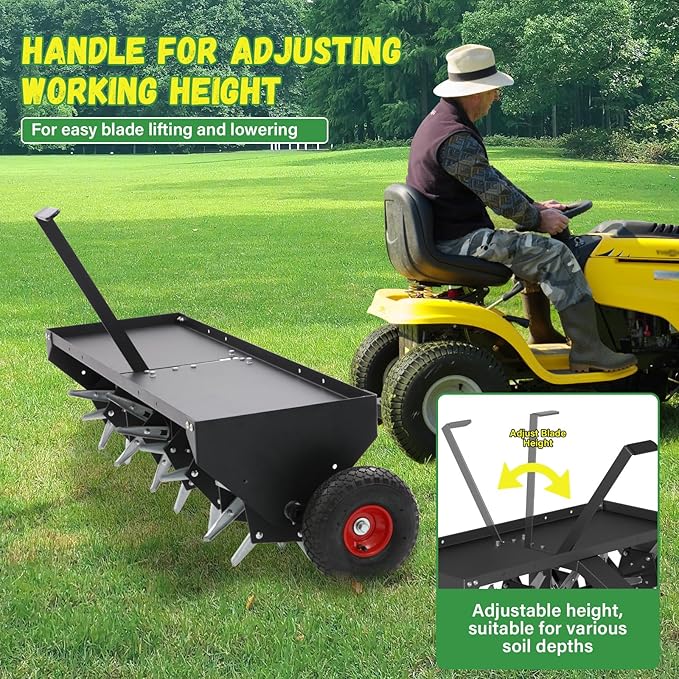 Doniks 52-Inch Tow Behind Lawn Plug Aerator with Universal Hitch, Lawn Aerator Tow Behind with 40 Galvanised Steel Tines,Tray and Inflatable Wheels for Gardens, Lawns, Farms