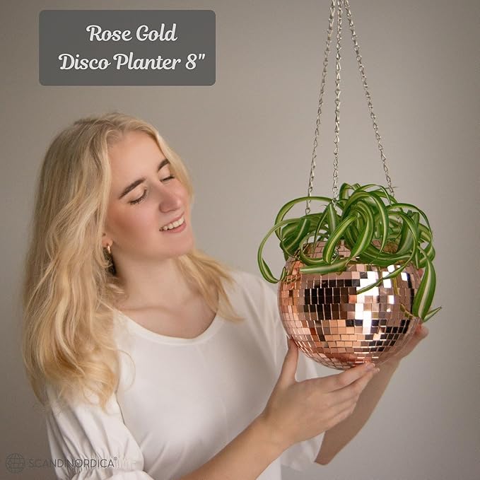 SCANDINORDICA Disco Ball Planter – Value Package: Mirror Disco Planter with Chain, Macrame Hanger and Acrylic Stand for Desk, Includes Self Watering Insert, Plant Gifts | 8 inch Rose Gold