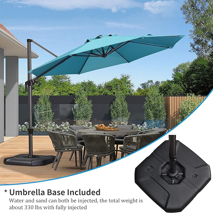 PURPLE LEAF 11 Feet Patio Cantilever Umbrella with Base Outdoor Umbrella Round Aluminum Offset with 360-degree Rotation for Garden Deck Pool Patio, Turquoise Blue