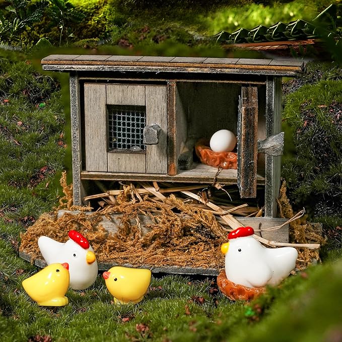Hiawbon Miniature Retro Wooden Chicken Coop Mini Family Chicken,Hen,Chick,Egg,Chicken Nest Ornament Micro Landscape Fairy Garden Decor