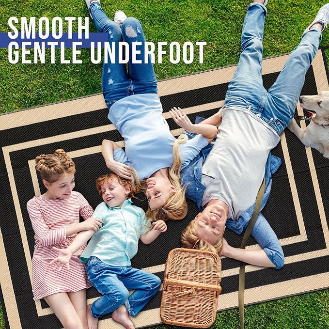 OLANLY Outdoor Rug 8x10 ft Waterproof, Reversible Outdoor Plastic Straw Rug, RV Mat, Indoor Outdoor Carpet Clearance for Patio, Camping, Balcony, Deck, Backyard, Black & Beige